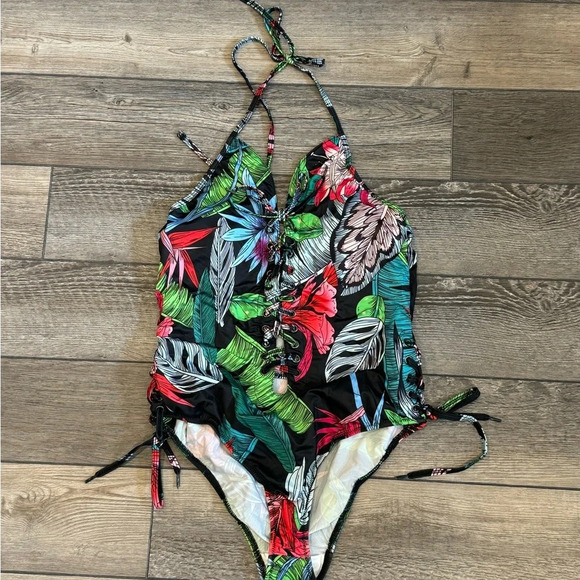 NWT Women Black Floral Deep V Neck Halter Plunging Backless One Piece Swimsuit - Picture 3 of 10